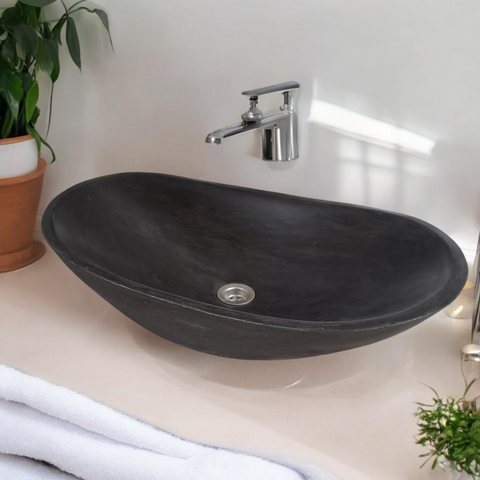 Image of Bespoke Black Cement Basin Sink Modern Oval Shape 59 x 39 x 12cm Seedleme