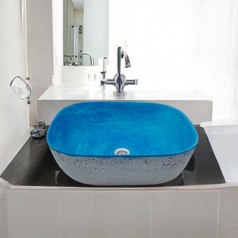 Image of Blue Bespoke Exposed Aggregate Concrete Aquadite Bathroom Sink 50 x 40.5 x 14.5cm Seedleme