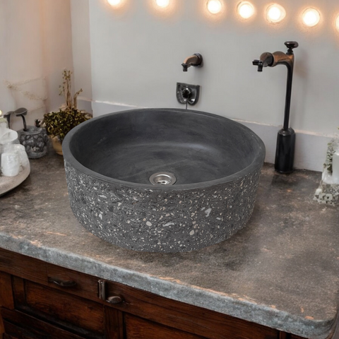 Image of Black Exposed Aggregate Round Flat Bespoke Concrete Sink 40 x 40 x 12cm Seedleme