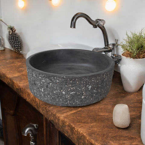 Image of Black Exposed Aggregate Round Flat Bespoke Concrete Sink 40 x 40 x 12cm Seedleme