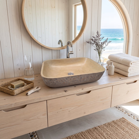 Image of A rectangular vessel bathroom sink with a speckled gray stone-look top and beige interior, mounted on a light wood vanity in a bright beach-themed bathroom with an ocean view through a round window.