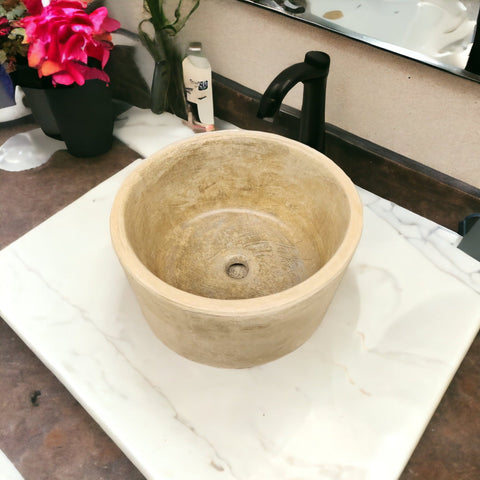 Image of Cement Round flat Sandstone Countertop Sink . Hand-made In South Africa. Bespoke Bathroom sink 40 x 40 x 25cm Seedlme