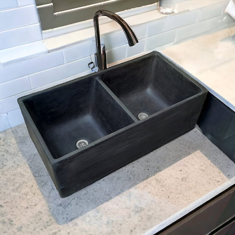 Image of Large Concrete Black Double Kitchen Butler Basin/Sink 80 x 40 x 27cm (50mm Outlet)