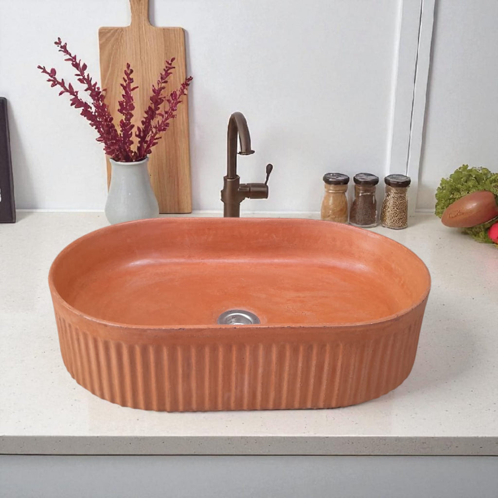 The Triton Terracotta 50.5 x 32 x 12cm Bespoke Ribbed Concrete Sink