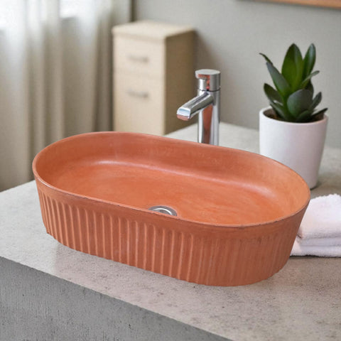 Image of The Triton Terracotta 50.5 x 32 x 12cm Bespoke Ribbed Concrete Sink Seedleme