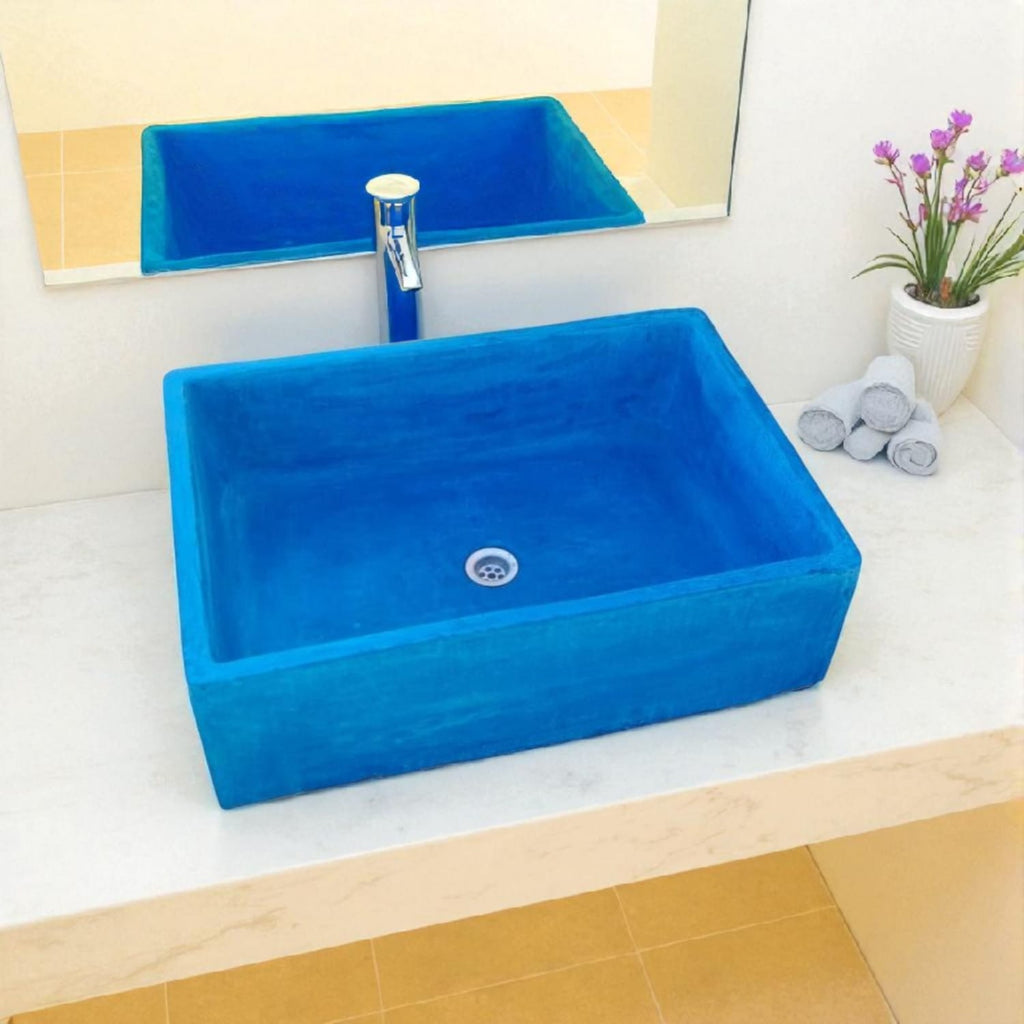 Bespoke Blue Concrete 65 x 45 x 20cm Single Butler. Hand-made Cement Countertop Sink.