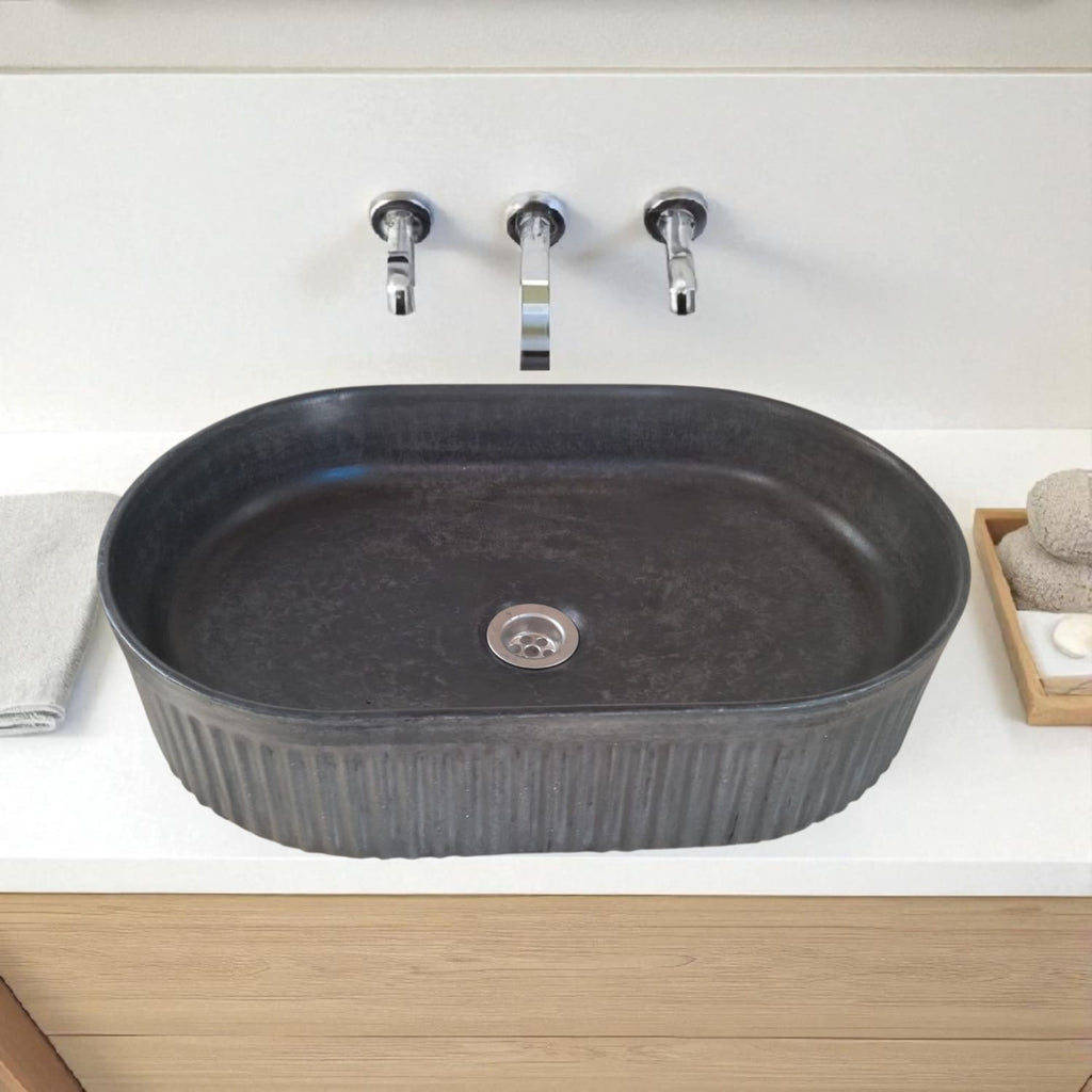 The Triton Black 50.5 x 32 x 12cm Bespoke Ribbed Concrete Sink
