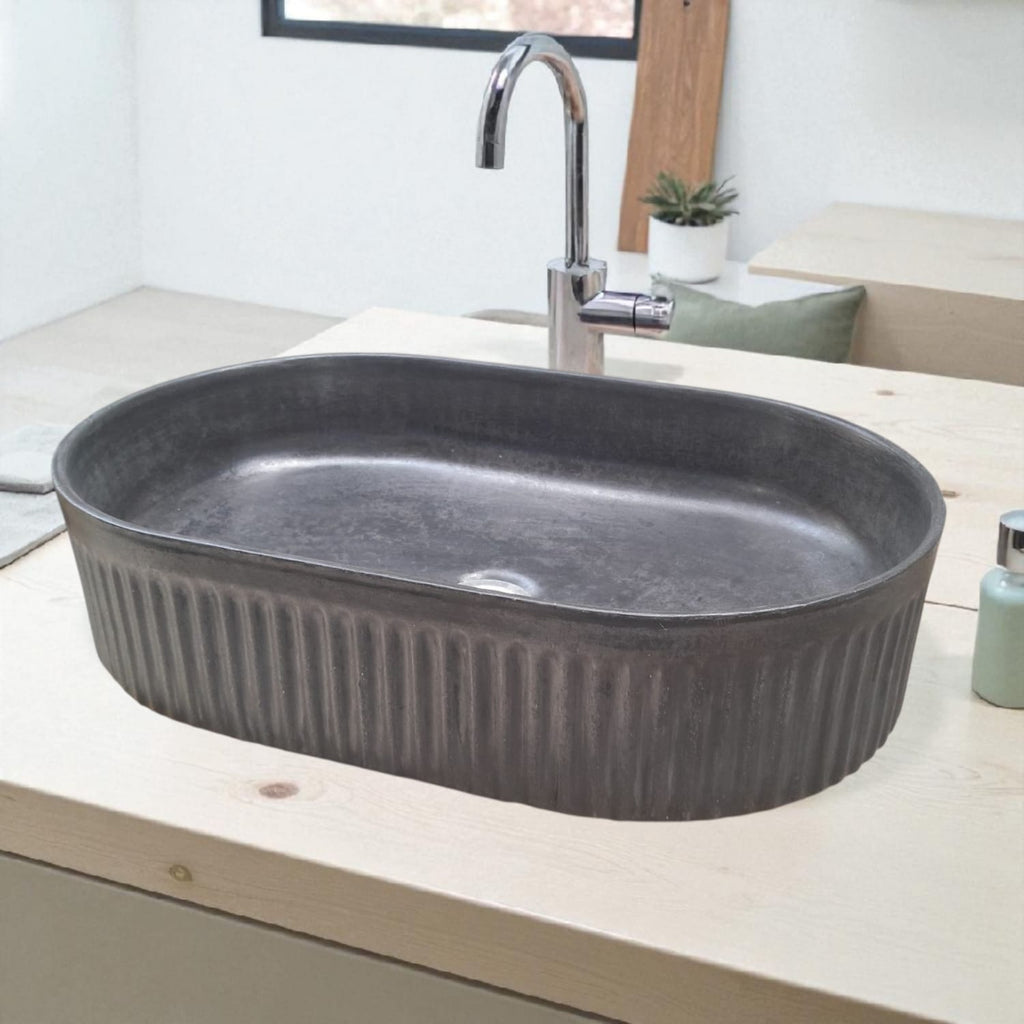 The Triton Black 50.5 x 32 x 12cm Bespoke Ribbed Concrete Sink