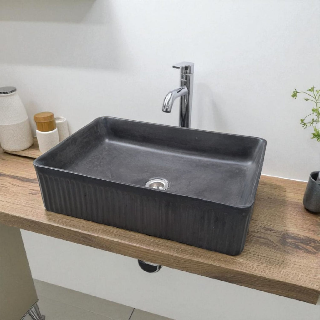 The Abalone Black Bespoke Ribbed Concrete Sink 50.5 x 34 x 13cm