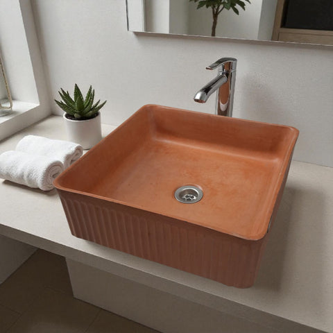 Image of The Armadillo 37.5 x 37.5 x 13cm Terracotta Bespoke Ribbed Concrete Sink Seedleme