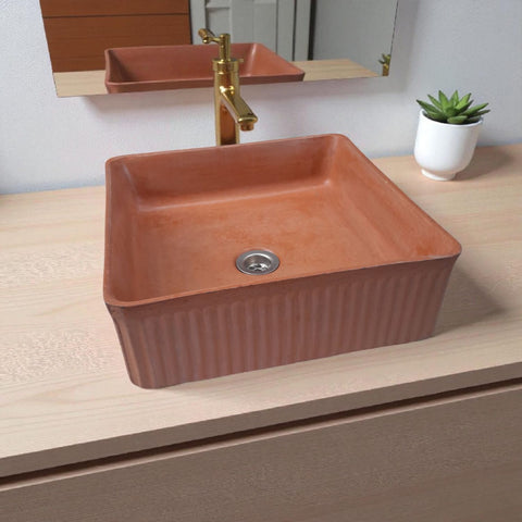Image of The Armadillo 37.5 x 37.5 x 13cm Terracotta Bespoke Ribbed Concrete Sink Seedleme