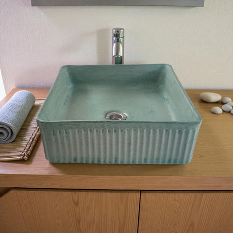 Image of The Armadillo 37.5 x 37.5 x 13cm Green Bespoke Ribbed Concrete Sink
