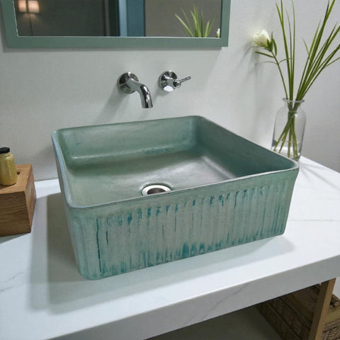 Image of The Armadillo 37.5 x 37.5 x 13cm Green Bespoke Ribbed Concrete Sink