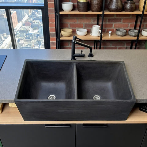 Image of Large Concrete Black Double Kitchen Butler Basin/Sink 80 x 40 x 27cm (90mm Outlet)