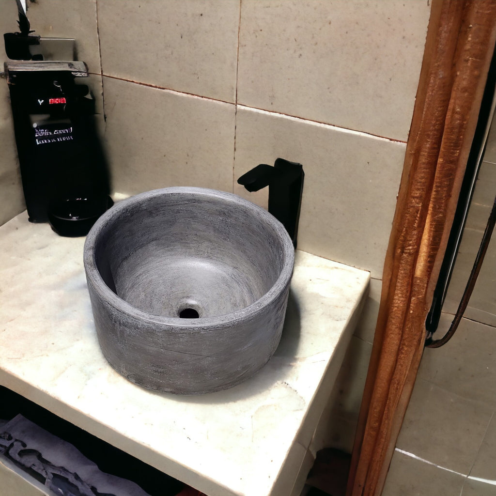 Round Flat Charcoal Concrete Sink. Hand Crafted in South Africa. High-quality Bespoke 40 x 40 x 25cm