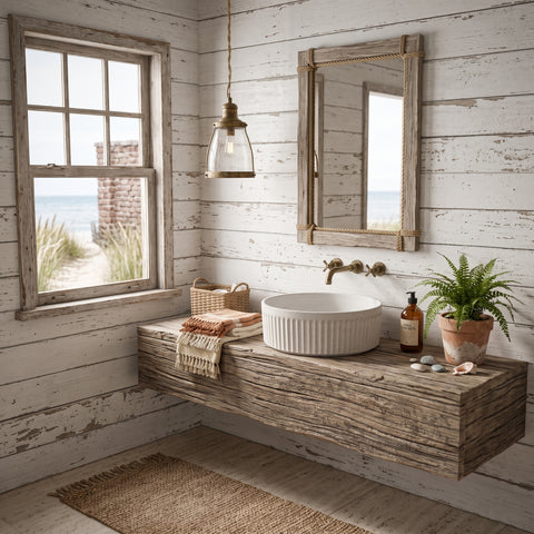 Image of A rustic floating wooden vanity with a white ribbed vessel sink in a coastal-style bathroom. The room features distressed white wood paneled walls, a large window looking out to the ocean, a matching framed mirror, a hanging pendant light, a small potted fern, and a woven basket on the counter.