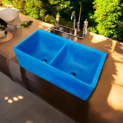 Image of Large Blue Double Concrete Kitchen Butler Basin 80 x 40 x 27cm (50mm Outlet) Seedleme
