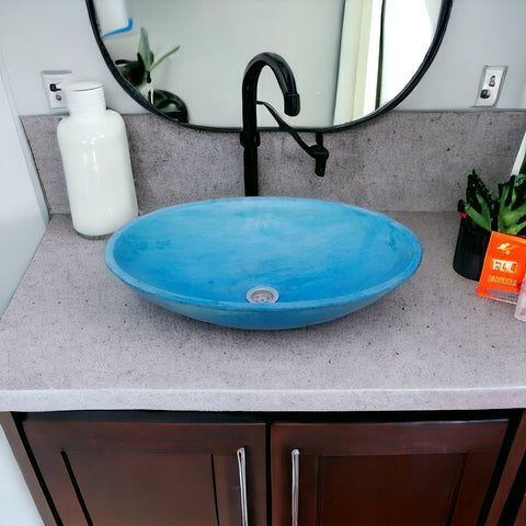 Image of Ocean Blue Concrete Oval Basin 50 x 35 x 15cm - High Strength, Chip Resistant, Sealed Seedleme