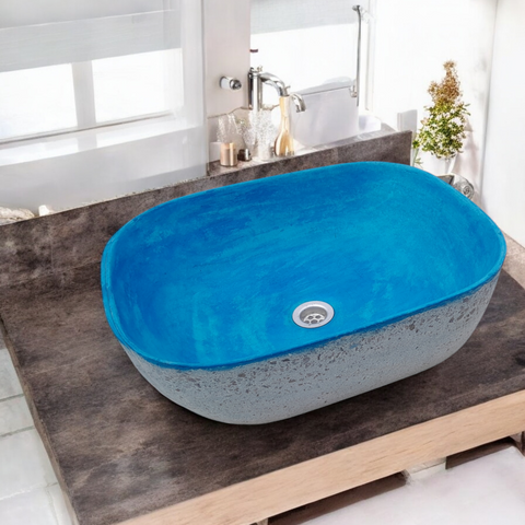 Image of Blue Bespoke Exposed Aggregate Concrete Aquadite Bathroom Sink 50 x 40.5 x 14.5cm Seedleme