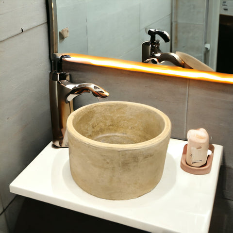 Image of Cement Round flat 250mm Sandstone Countertop Sink . Hand-made In South Africa. Bespoke Bathroom sink 40cm x 40cm x 25cmm