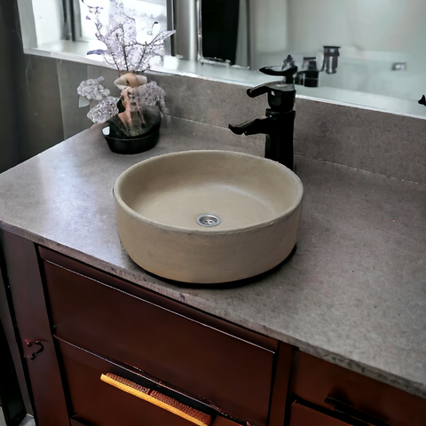 Image of Sandstone Round Cement Handmade Countertop Sink 40 x 40 x 12cm