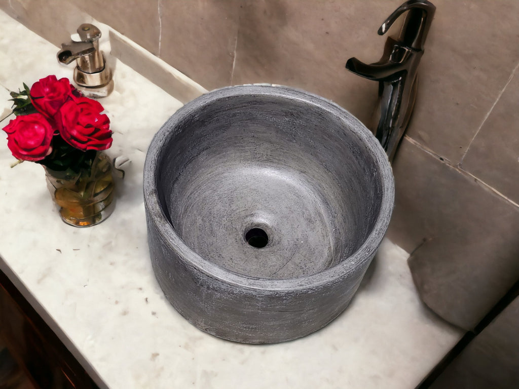 Round Flat Charcoal Concrete Sink. Hand Crafted in South Africa. High-quality Bespoke 40 x 40 x 25cm