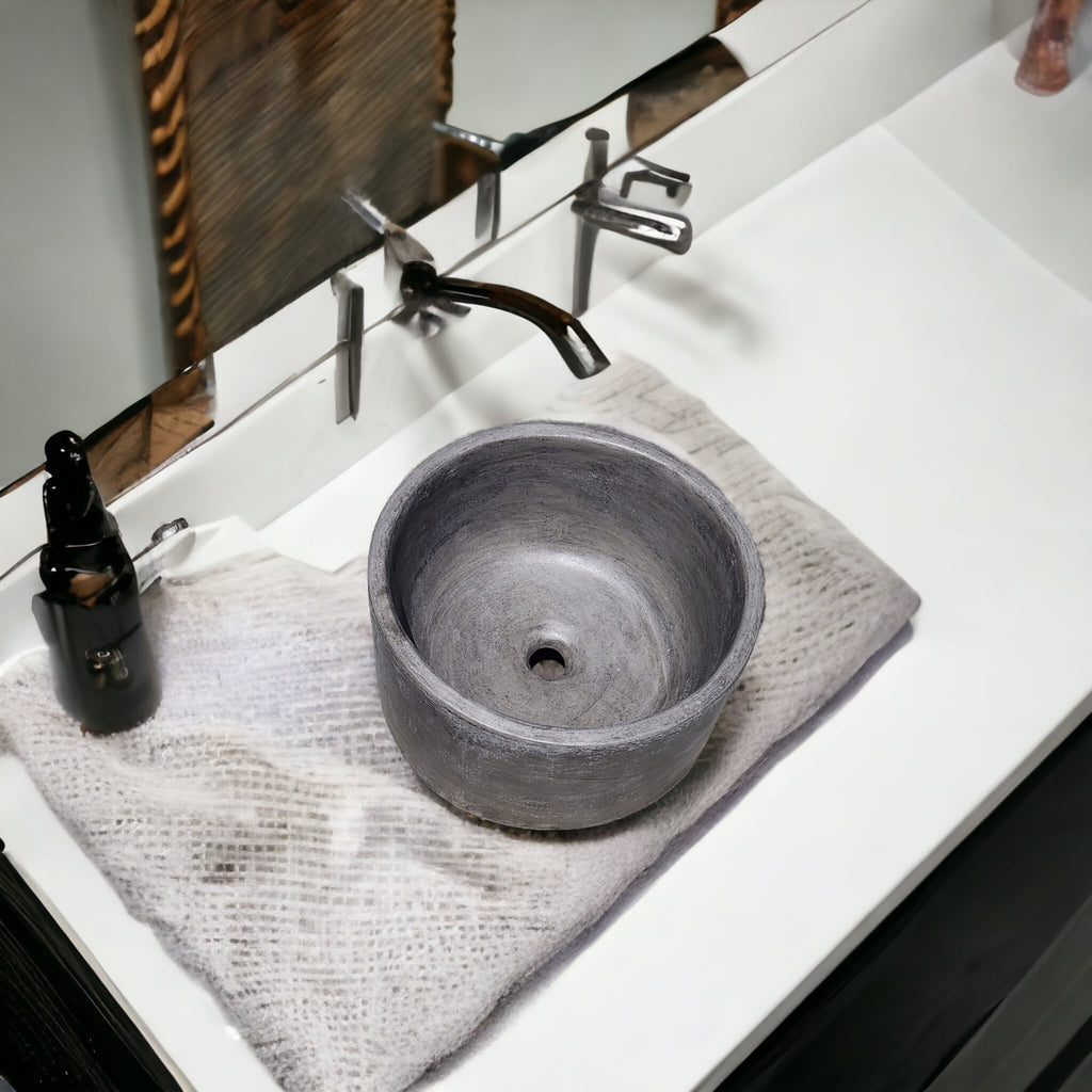 Charcoal Cement Round Flat Countertop basin. Hand Made Concrete Sink. 40cm x 40cm x 20cm