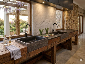 Black Concrete Bespoke Single Butler Namibian Drean Basin 65 x 45 x 20cm. Hand-made Cement Countertop Sink