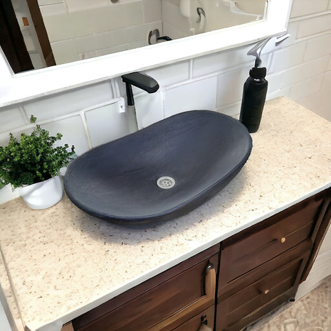 Image of Bespoke Black Cement Basin Sink Modern Oval Shape 59 x 39 x 12cm
