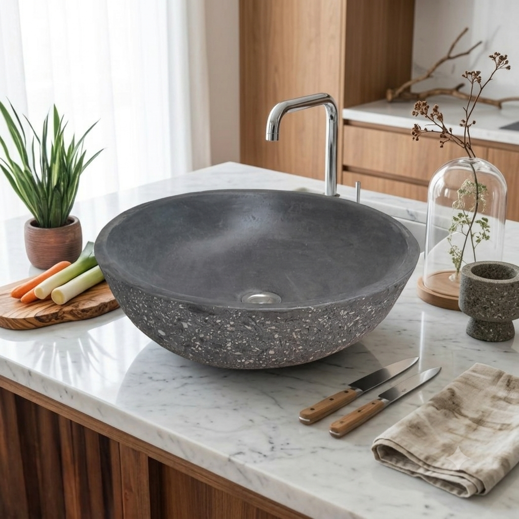 A round dark gray stone vessel sink with a speckled concrete-like texture, shown installed on a white marble countertop with a chrome faucet. The scene includes kitchen props such as vegetables, knives, a folded cloth, and a small plant under a glass dome in a bright, modern kitchen setting.