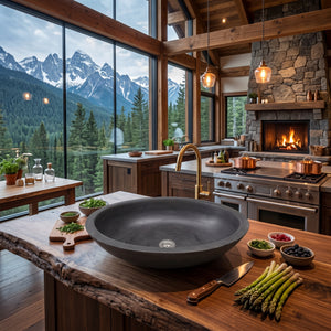 A large round dark gray stone vessel sink with a brushed brass faucet installed in a rustic wooden kitchen island. The kitchen features a stone fireplace, mountains visible through large windows, and fresh ingredients like asparagus and herbs on the counter.