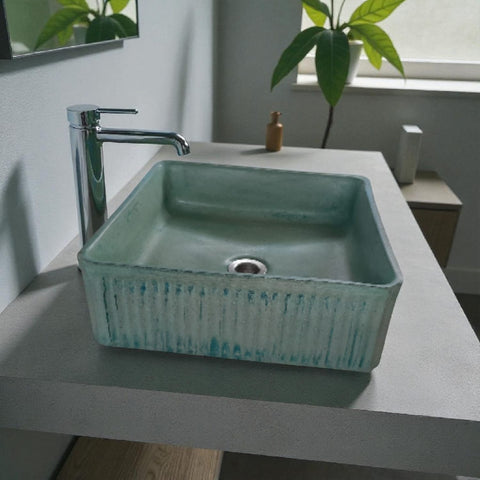 Image of The Armadillo 37.5 x 37.5 x 13cm Green Bespoke Ribbed Concrete Sink Seedleme