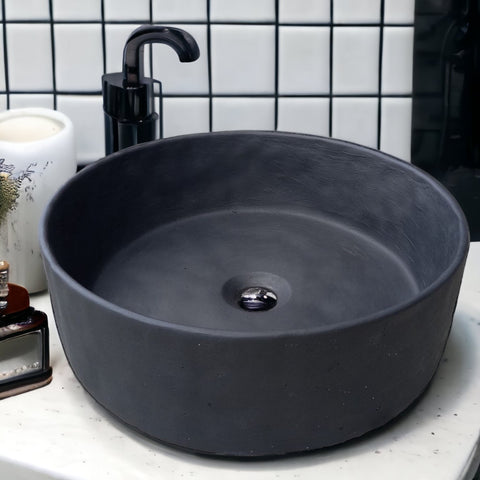 Round Black Concrete Bathroom Sink, Elegant, Modern Matt Finish 40cm x 12cm