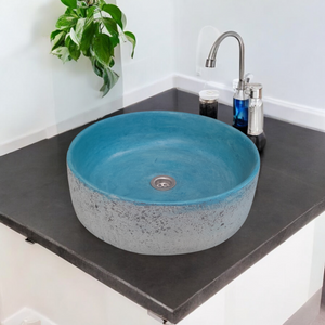 Blue Exposed Aggregate Round Flat Bespoke Concrete Sink 40 x 40 x 12cm Seedleme