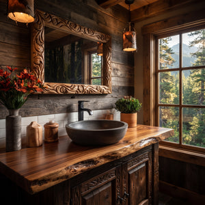A rustic bathroom vanity with a live-edge wood countertop, carved wooden cabinet, and a dark stone vessel sink. A large ornate carved wood mirror hangs on a wood-paneled wall, with pendant lights, a vase of red flowers, and a window showing a forest view.