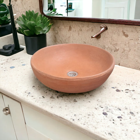 Image of Terracotta Concrete Round Handmade Countertop Butler Sink 42 x 42 x 14cm - Seedleme