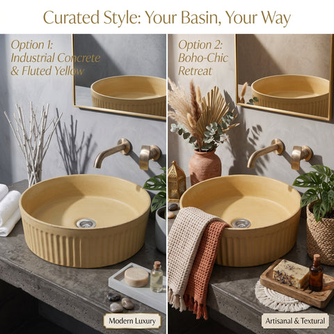 Image of A split-screen comparison showing a round, ribbed yellow ceramic vessel sink in two styled bathroom settings. The left panel is labeled 'Option 1: Industrial Concrete & Fluted Yellow' and styled as 'Modern Luxury' with a gray concrete countertop and gold faucet.
