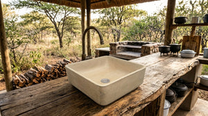 A square beige concrete vessel sink with a gooseneck faucet, set on a rustic wooden counter in an outdoor safari-style lodge kitchen.
