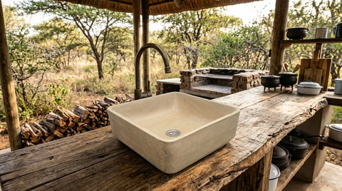 Image of A square beige concrete vessel sink with a gooseneck faucet, set on a rustic wooden counter in an outdoor safari-style lodge kitchen.