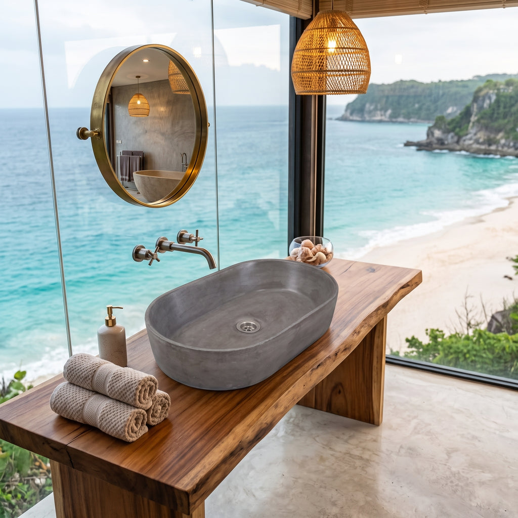 A modern bathroom vanity setup with a round gray stone vessel sink on a rustic wooden console table, set in front of large windows overlooking a turquoise ocean and sandy beach.