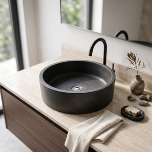 Round Black Concrete Bathroom Sink, Elegant, Modern Matt Finish 40 x 40 x 12cm