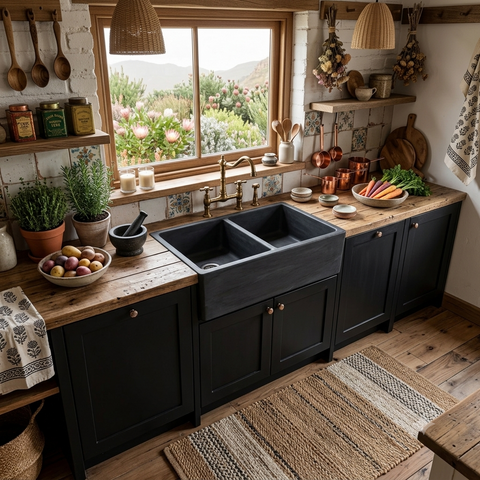Image of Large Concrete Black Double Kitchen Butler Basin/Sink 80 x 40 x 27cm (50mm Outlet)