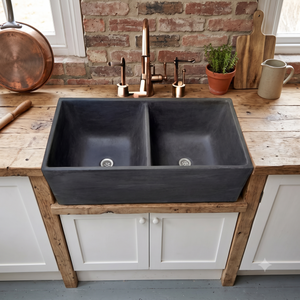 Large Concrete Black Double Kitchen Butler Basin/Sink 80 x 40 x 27cm (50mm Outlet)