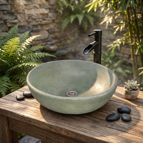 Image of A round, light sage green stone vessel sink with a matte finish, paired with a matte black waterfall faucet, set on a rustic wooden table in a garden environment with ferns, a stone wall, and decorative black stones.
