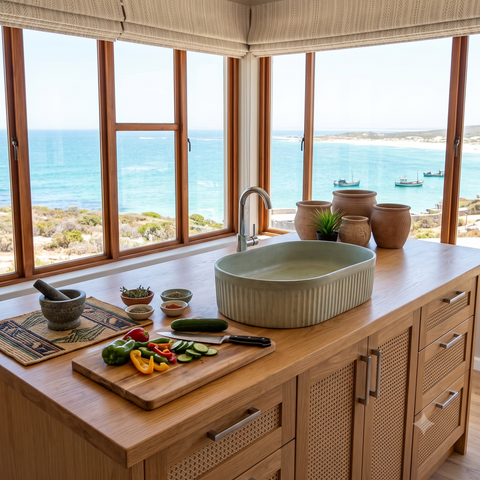 Image of The Triton Green 50.5 x 32 x 12cm Bespoke Ribbed Concrete Sink