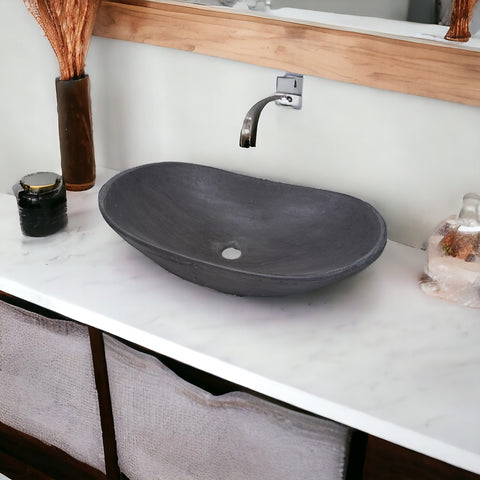 Image of Bespoke Charcoal Cement Basin Sink Modern Oval Shape 59 x 39 x 12cm