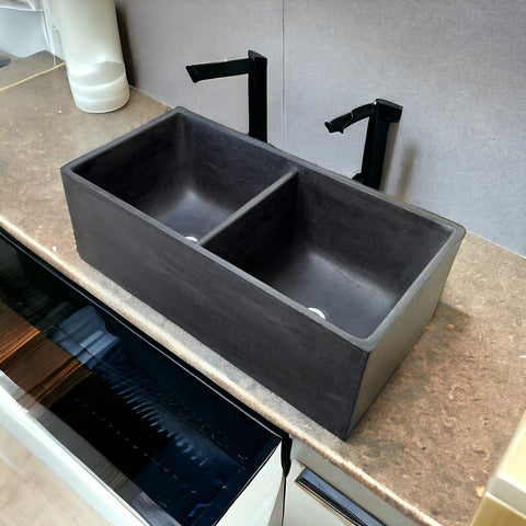 Image of Large Concrete Black Double Kitchen Butler Basin/Sink 80 x 40 x 27cm (90mm Outlet)