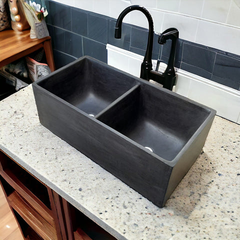 Image of Large Concrete Black Double Kitchen Butler Basin/Sink 80 x 40 x 27cm (90mm Outlet)