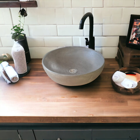 Image of Charcoal Concrete Round Handmade Basin Countertop Butler Sink 42 x 14cm