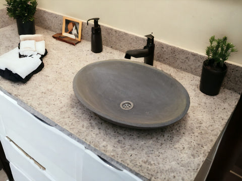 Image of Charcoal Cement Oval Basin 50x35x15 cm -  High strength, chip resistant, Sealed